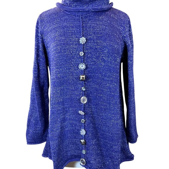 Soft Surroundings 3/4 Sleeve Navy Metallic Cowl Neck Button Front Sweater M/L - Picture 1 of 8